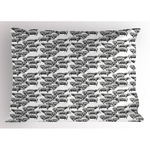 Ambesonne Cattle Pillow Sham, Vintage Sketch Sheep, 36" X 20", Black and White