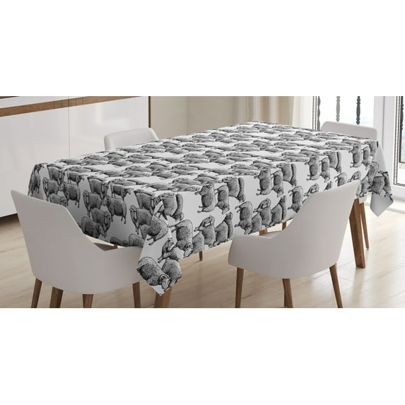 Ambesonne Cattle Tablecloth Rectangular Table Cover, Vintage Sketch Sheep, 60"x90", Black and White