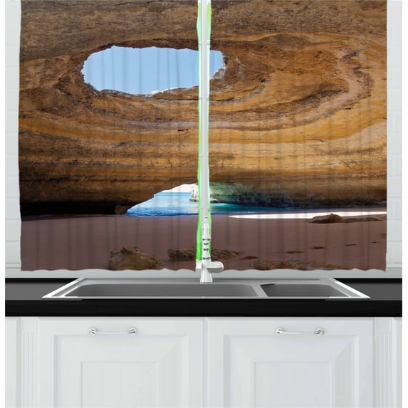 Ambesonne Cave Kitchen Curtains, Sea Cave Benagil Portugal, 55"x39", Sand Brown Pale Blue