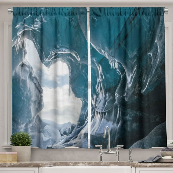 Ambesonne Cave Kitchen Curtains, Vatnajokull in Iceland, 55"x45", Charcoal Grey Pale Blue