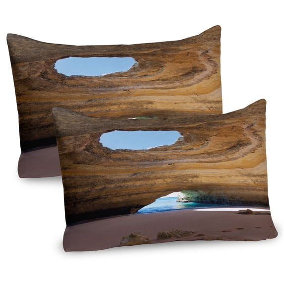 Ambesonne Cave Pillow Sham 2 Pack, Sea Cave Benagil Portugal, 30"x20", Sand Brown Pale Blue
