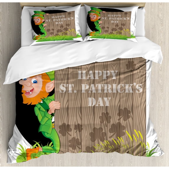 Ambesonne Celebration Duvet Cover Set, Plank Shamrock, King, Umber and Emerald