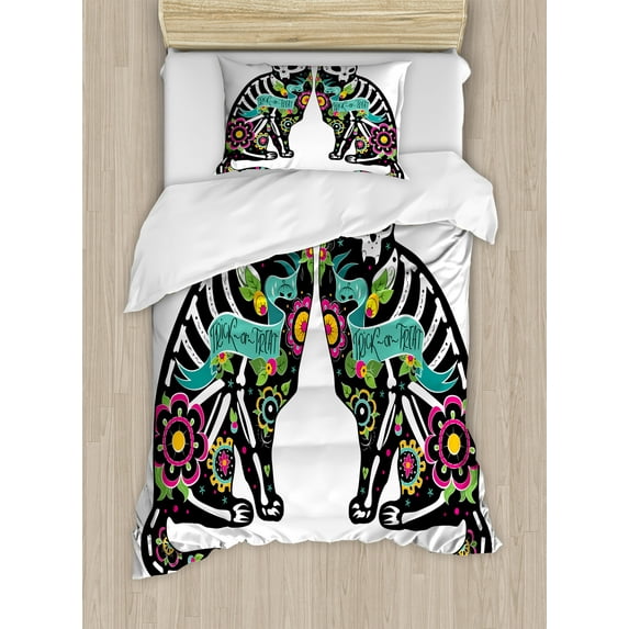 Ambesonne Celebration Duvet Cover Sets, Skeleton Cats Skull, 2-Twin, Turquoise White