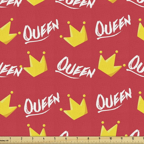 Ambesonne Celebration Fabric by the Yard Upholstery, Humor Theme Crown Bride, 1 Yard, Scarlet Mustard White