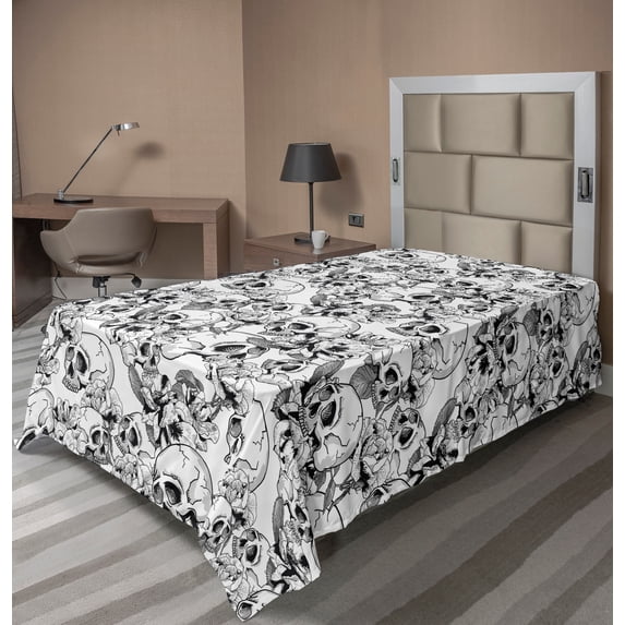 Ambesonne Celebration Flat Sheet, Sketch Dead Skull, TwinXL Size, Black and White