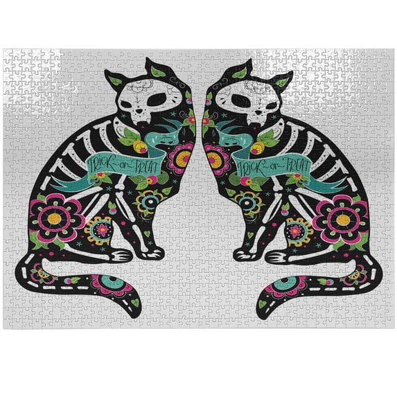 Ambesonne Celebration Jigsaw Puzzle Durable Cardboard, Skeleton Cats Skull, 1000 pcs, Turquoise White