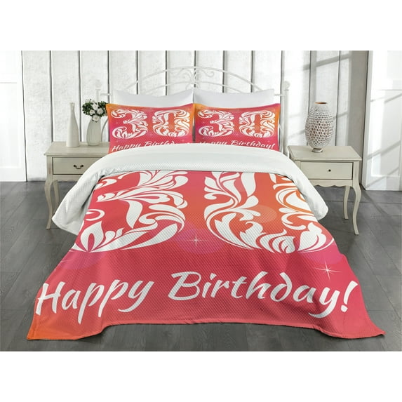 Ambesonne Celebration Quilted Bedspread Set 3 Pcs, 30 Years Birthday, King Size, Pink Orange White