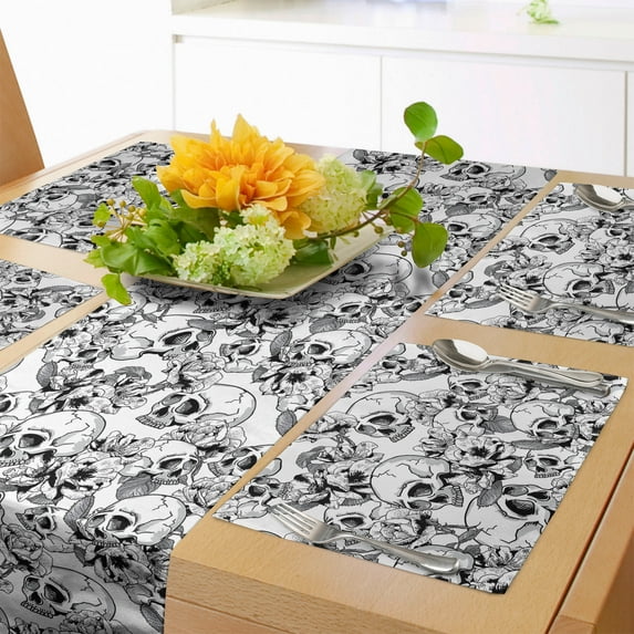 Ambesonne Celebration Table Runner & Placemats, Sketch Dead Skull, Placemat 4 pcs + Runner 12"x72", Black and White