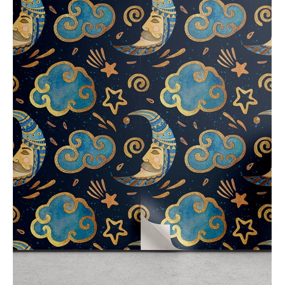 Ambesonne Celestial Art Peel & Stick Wallpaper for Home, Art Oriental Crescent, 13"x36", Sea Blue Earth Yellow