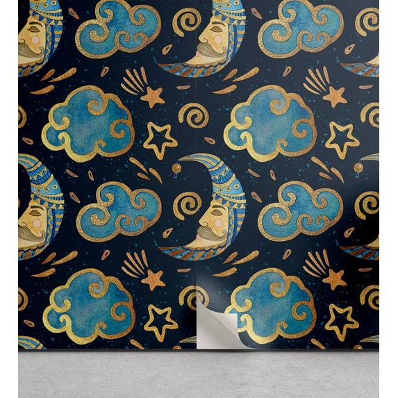 Ambesonne Celestial Art Peel & Stick Wallpaper for Home, Art Oriental Crescent, 13"x36", Sea Blue Earth Yellow