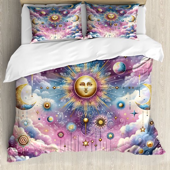 Ambesonne Celestial Duvet Cover Set, Crescent Sun and Clouds, Calking, Blue Mustard Pale Purple