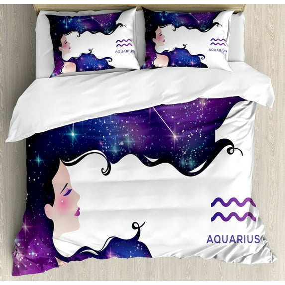 Ambesonne Celestial Duvet Cover Sets, Aquarius Zodiac Cosmos, 2-Queen, Violet and Multicolor