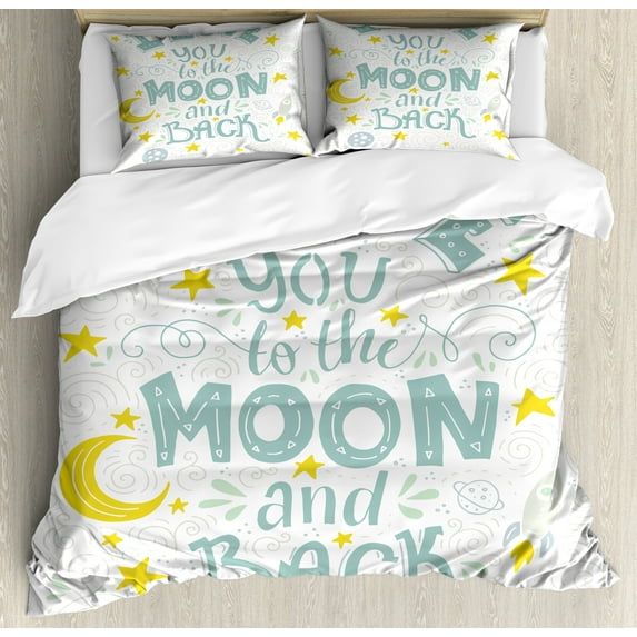 Ambesonne Celestial Duvet Cover Sets, Crescent Moon Planets, 2-Queen, White Pale Seafoam