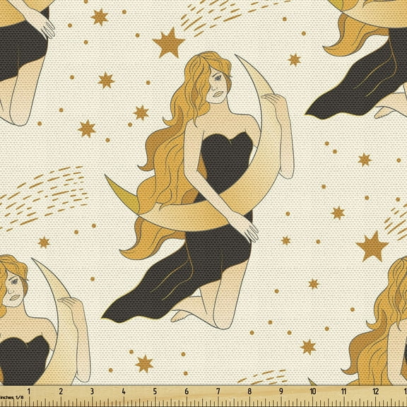 Ambesonne Celestial Fabric by the Yard Upholstery, Women Moons Stars Plot, 3 Yards, Pale Brown and Dark Grey