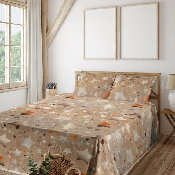 Ambesonne Celestial Fitted & Flat Sheet with Sham 3 Pcs Set, Abstract Astronomy Dream, Twin, Pale Mustard Vermilion