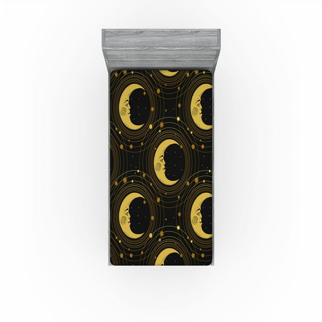 Ambesonne Celestial Fitted Sheet, Bohemian Moon Stars Orbit, Twin Size, Pale Earth Yellow Mustard