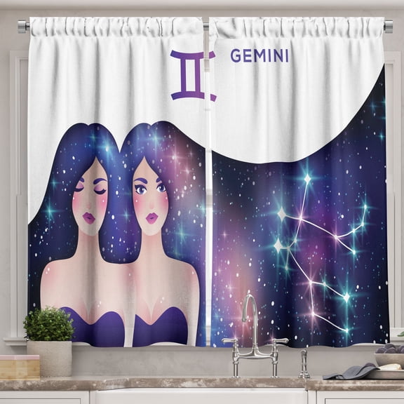 Ambesonne Celestial Kitchen Curtains, Gemini Zodiac Twin Girls, 55"x45", Violet and Multicolor