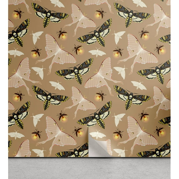 Ambesonne Celestial Peel & Stick Wallpaper for Home, Skulls Pattern Moths Art, 13"x36", Sand Brown Earth Yellow