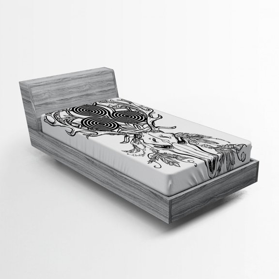 Ambesonne Celtic Fitted Sheet, Deer Skull Feather Boho, Twin Size, Black White