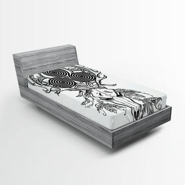 Ambesonne Celtic Fitted Sheet, Deer Skull Feather Boho, Twin XL Size, Black White