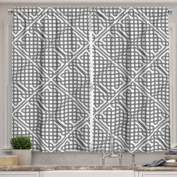 Ambesonne Celtic Kitchen Curtains, Medieval Irish Square, 55"x39", Black White