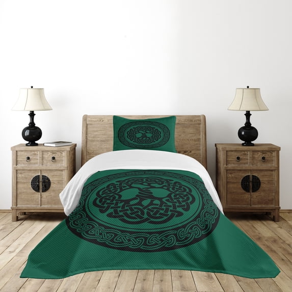 Ambesonne Celtic Quilted Bedspread Set 2 Pcs, Tree of Life Pattern, Twin Size, Forest Green Black