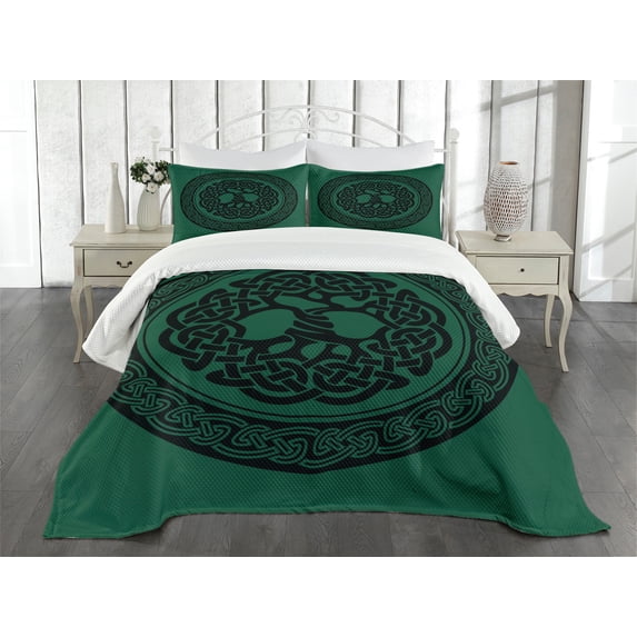 Ambesonne Celtic Quilted Bedspread Set 3 Pcs, Tree of Life Pattern, Queen Size, Forest Green Black