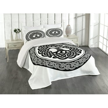 Ambesonne Celtic Quilted Coverlet 3 Pcs, Native Tree of Life Art, Queen Size, Black White
