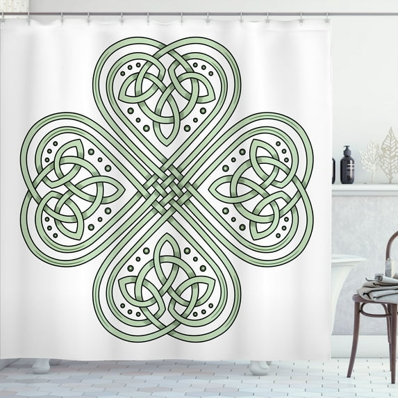 Ambesonne Celtic Shower Curtain, Irish 4 Leaf Clover Motif, 69"Wx84"L, Pale Green White