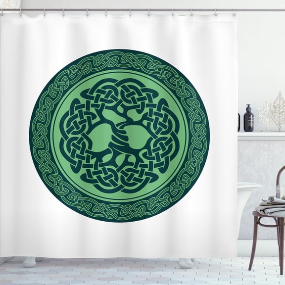 Ambesonne Celtic Tree Shower Curtain, Stamp Style Old Motif, 69"Wx70"L, Dark Teal and Pale Green