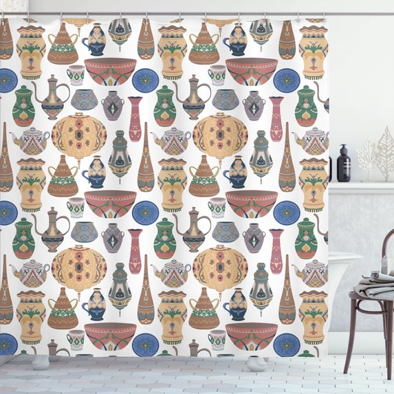 Ambesonne Ceramic Print Shower Curtain, Oriental Ornaments, 69"Wx70"L, White and Multicolor