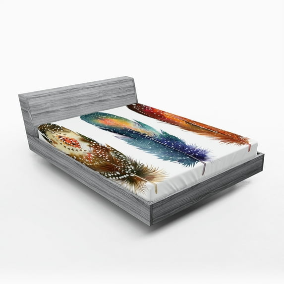 Ambesonne Ceremonial Fitted Sheet 2 Pcs Set, Feather Tribal, Queen, Orange Blue
