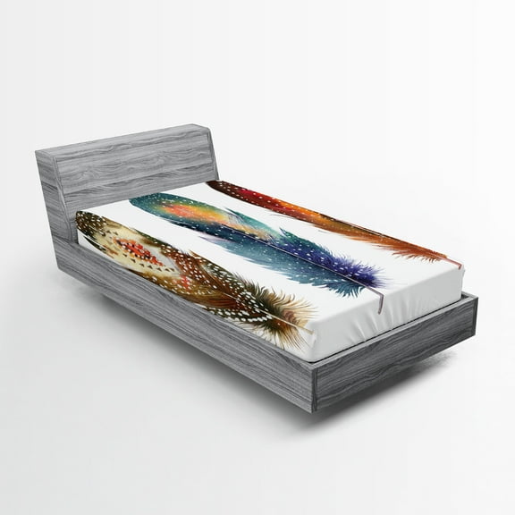 Ambesonne Ceremonial Fitted Sheet, Feather Tribal, Twin Size, Orange Blue