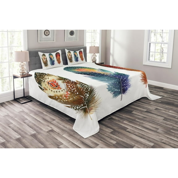 Ambesonne Ceremonial Quilted Bedspread Set 3 Pcs, Feather Tribal, Queen Size, Orange Blue