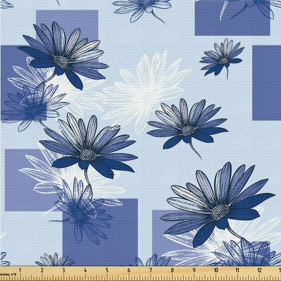 Ambesonne Chamomile Fabric by the Yard Upholstery, Modern Flowers Squares, 3 Yards, Dark Ceil Blue White