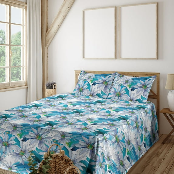 Ambesonne Chamomile Fitted & Flat Sheet with Shams 4 Pcs Set, Art Modern Flowers Boho, King, Sea Blue Soft Blue White