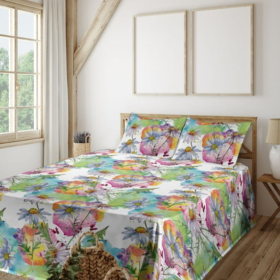 Ambesonne Chamomile Fitted & Flat Sheet with Shams 4 Pcs Set, Rainbow Flowers and Hues, Calking, Lime Green White Mauve