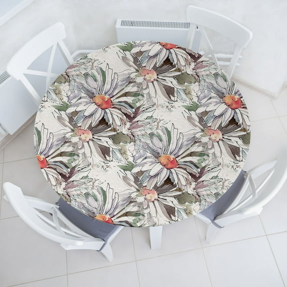 Ambesonne Chamomile Fitted Round Tablecloth, Pastel Tones Daisy Print, 45"- 56" Diameter, Ivory Slate Brown and Salmon