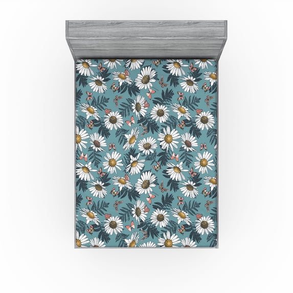 Ambesonne Chamomile Fitted Sheet, Daisy Flowers Vintage Art, King Size, Cadet Blue White Coral