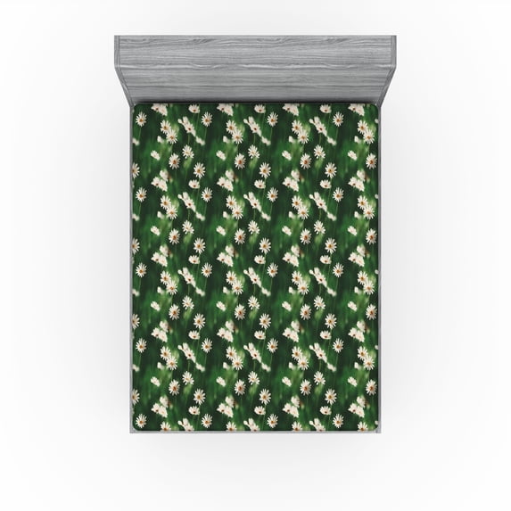 Ambesonne Chamomile Fitted Sheet, Garden Daisy Art Summer, King Size, Forest Green Marigold
