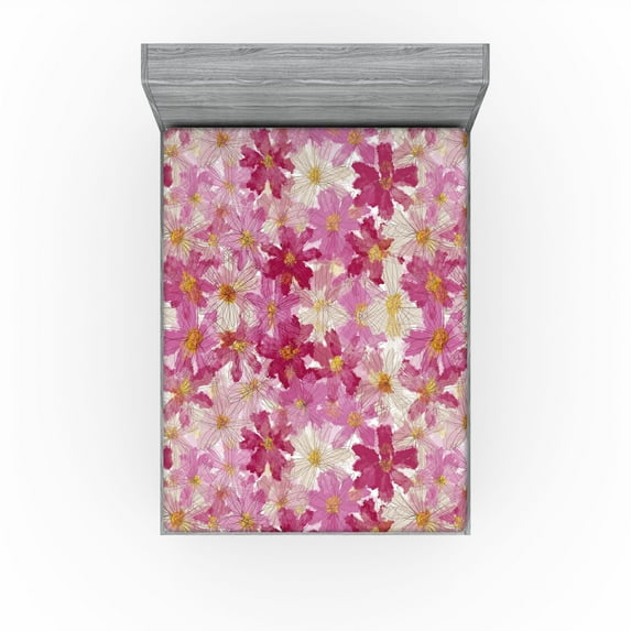 Ambesonne Chamomile Fitted Sheet, Neutral Daisy Pattern, King Size, Magenta Pale Peach