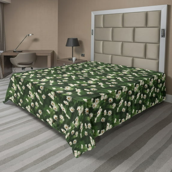 Ambesonne Chamomile Flat Bedding Sheet Soft Top Sheet, Garden Daisy Art Summer, King, Forest Green Marigold