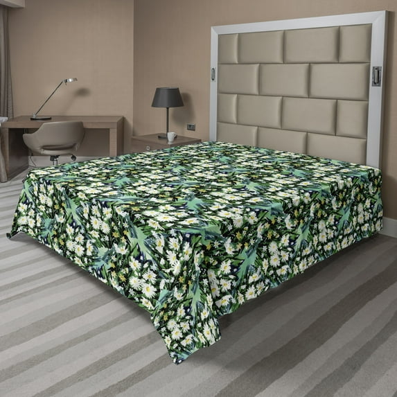 Ambesonne Chamomile Flat Bedding Sheet Soft Top Sheet, Meadow of Daisies Print, California King, Green Mustard and Dark Teal