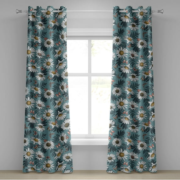 Ambesonne Chamomile Grommet Curtain, Daisy Flowers Vintage Art, 50"x120", Cadet Blue White Coral