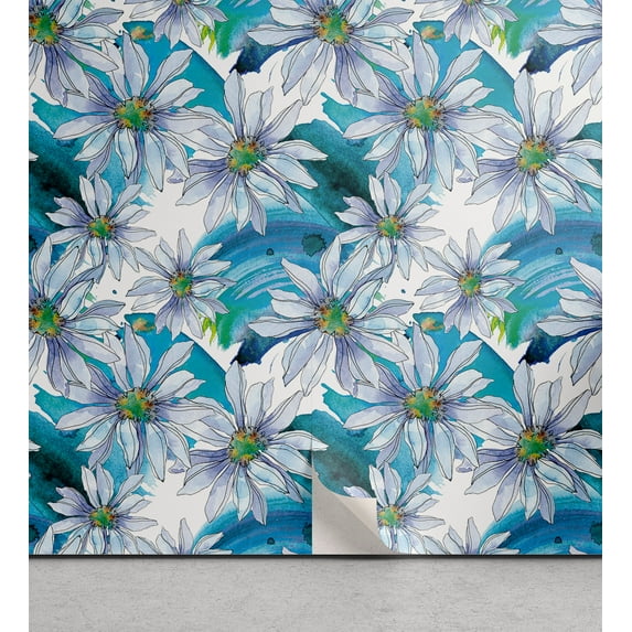 Ambesonne Chamomile Peel & Stick Wallpaper for Home, Art Modern Flowers Boho, 13"x36", Sea Blue Soft Blue White