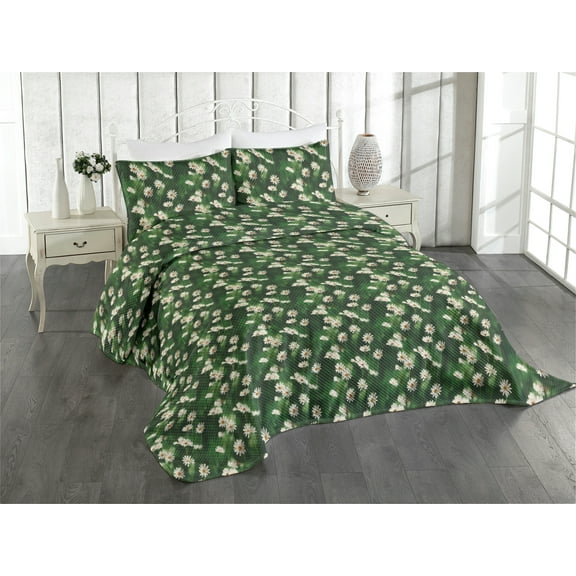 Ambesonne Chamomile Quilted Coverlet 3 Pcs, Garden Daisy Art Summer, King Size, Forest Green Marigold