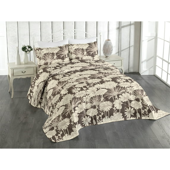 Ambesonne Chamomile Quilted Coverlet 3 Pcs, Vintage Minimalist Daisy, Queen Size, Taupe Eggshell