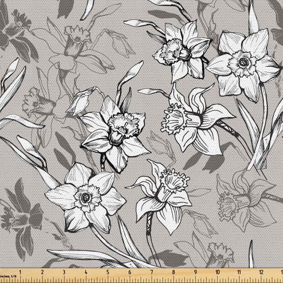 Ambesonne Charcoal Fabric by the Yard Upholstery, Floral Nostalgia Daffodils, 10 Yards, Pale Taupe Dimgray