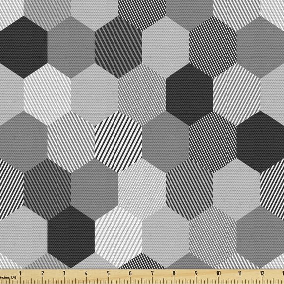 Ambesonne Charcoal Fabric by the Yard Upholstery, Greyscale Hexagons Grid, 5 Yards, Grey Charcoal Grey White
