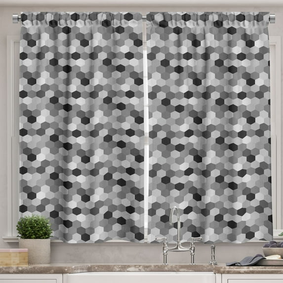 Ambesonne Charcoal Kitchen Curtains, Greyscale Hexagons Grid, 55"x45", Grey Charcoal Grey White
